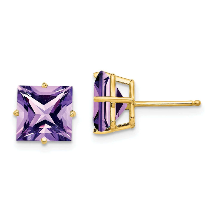 Lovely Rita's Earrings 14k Yellow Gold 8MM Princess Cut Amethyst Earring