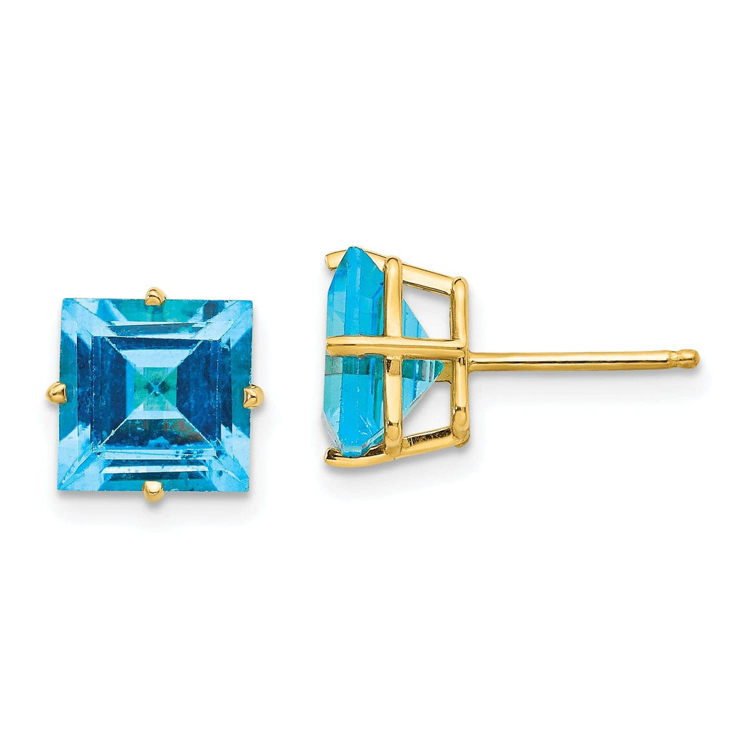 Lovely Rita's Earrings 14k Yellow Gold 8MM Princess Cut Blue Topaz Earrin