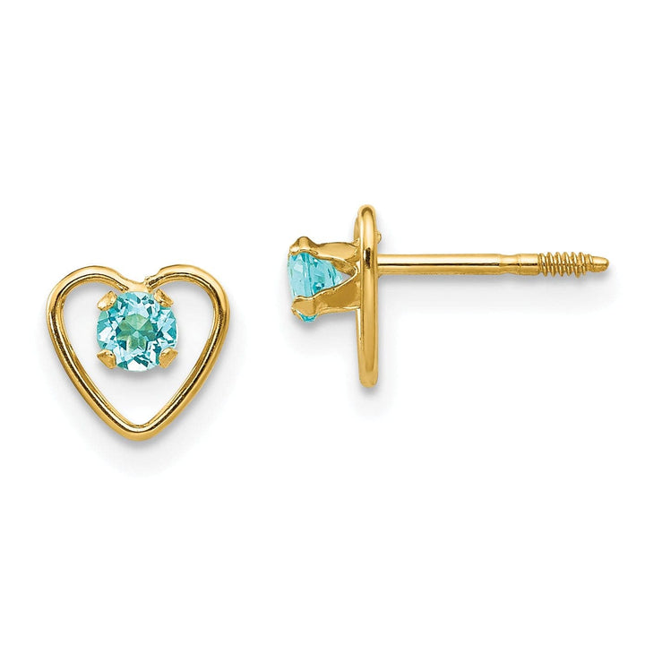 Lovely Rita's Earrings 14k Yellow Gold Blue Birthstone Heart Earrings