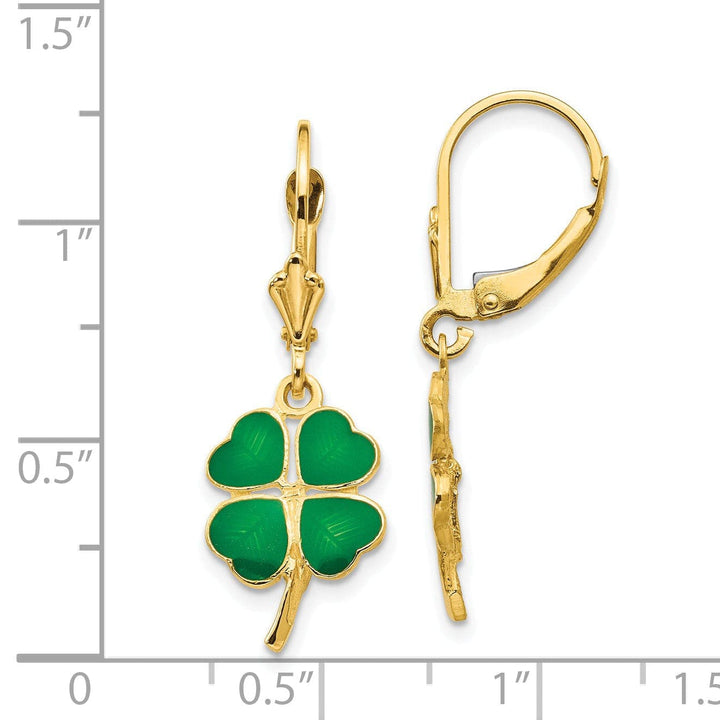 Lovely Rita's Earrings 14k Yellow Gold Enameled Clover Leverback Earrings