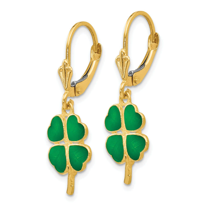 Lovely Rita's Earrings 14k Yellow Gold Enameled Clover Leverback Earrings