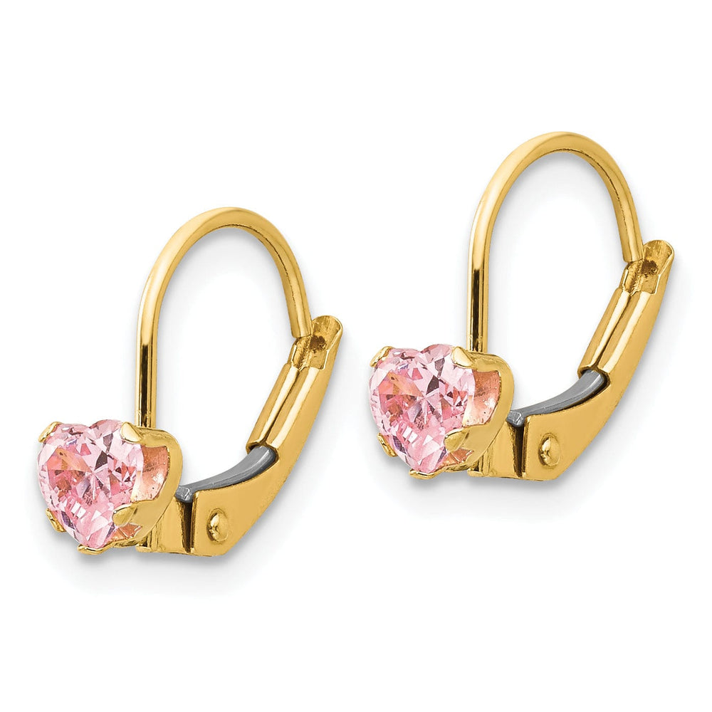 Lovely Rita's Earrings 14k Yellow Gold Leverback 4mm Pink C.Z Earrings