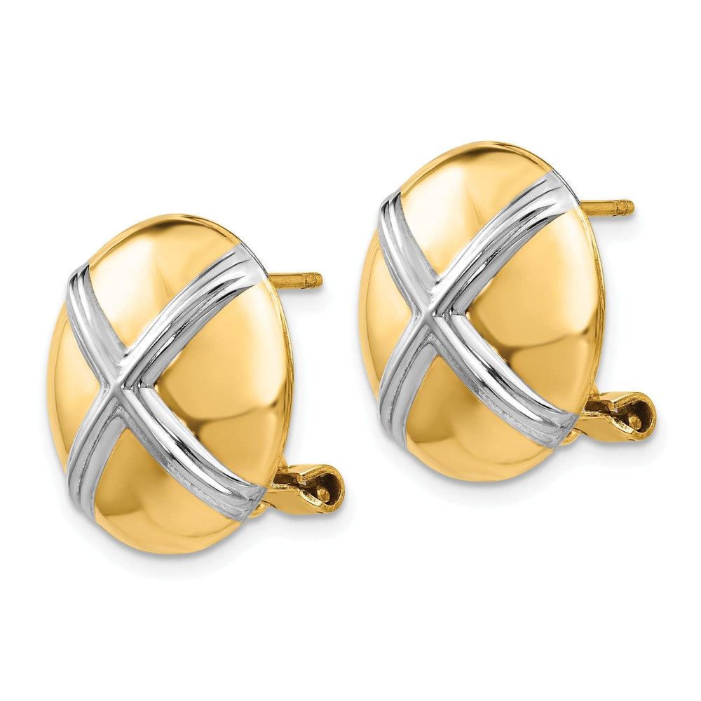 Lovely Rita's Earrings 14k Yellow Gold Polished Rhodium X Omega Back Post Earrings