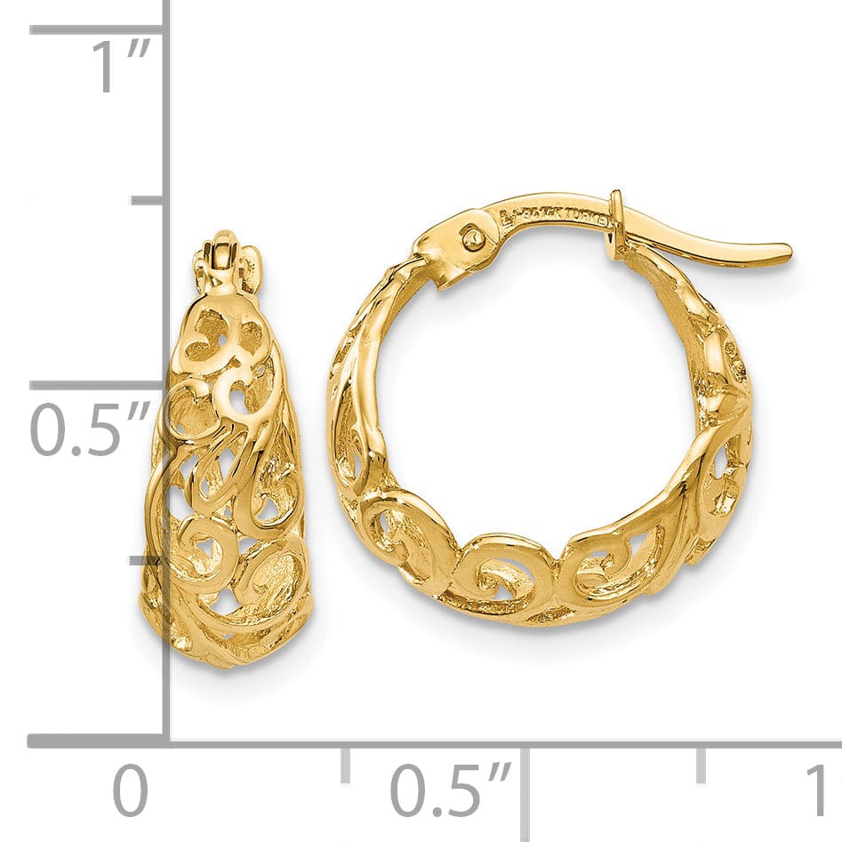 Lovely Rita's Earrings 14k Yellow Gold Shrimp Creole Filigree Design Hinged Hoop Earrings