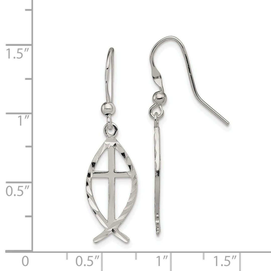 Celebration of Faith Earrings Silver Diamond Cut Cross With Fish Dangle Earrings