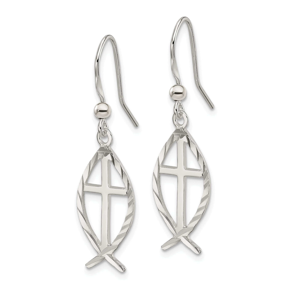 Celebration of Faith Earrings Silver Diamond Cut Cross With Fish Dangle Earrings