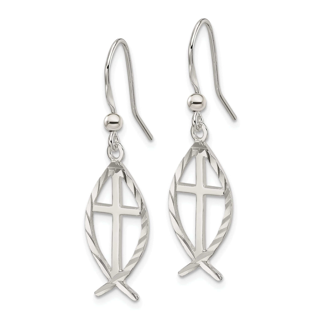 Celebration of Faith Earrings Silver Diamond Cut Cross With Fish Dangle Earrings