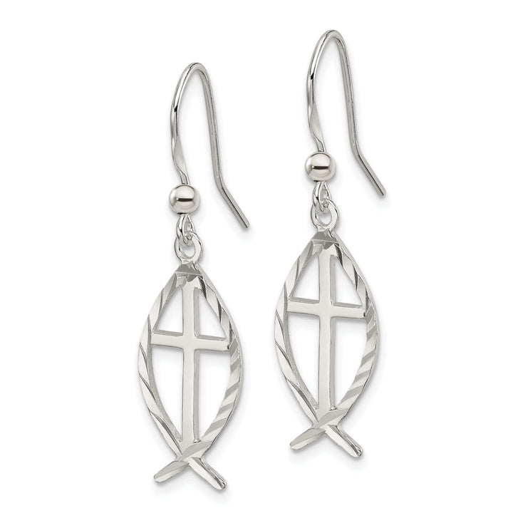 Celebration of Faith Earrings Silver Diamond Cut Cross With Fish Dangle Earrings