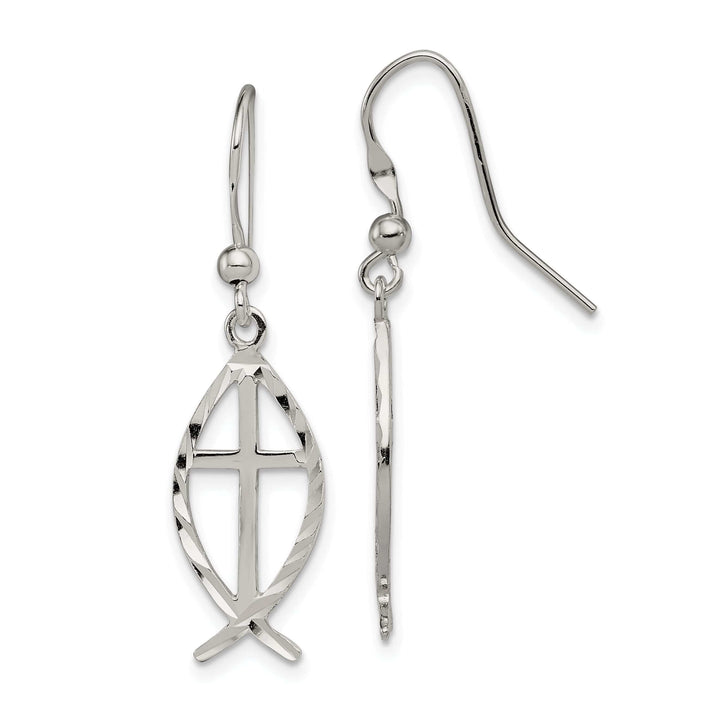 Celebration of Faith Earrings Silver Diamond Cut Cross With Fish Dangle Earrings