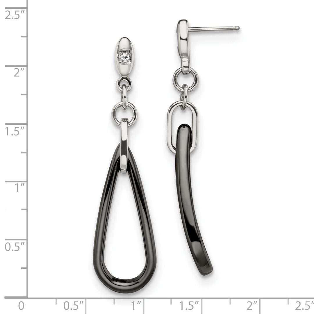 Chisel Earrings Stainless Black Ceramic CZ Dangle Post Earrings