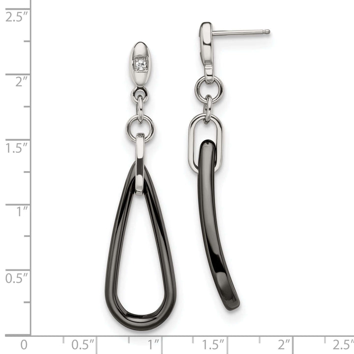 Chisel Earrings Stainless Black Ceramic CZ Dangle Post Earrings