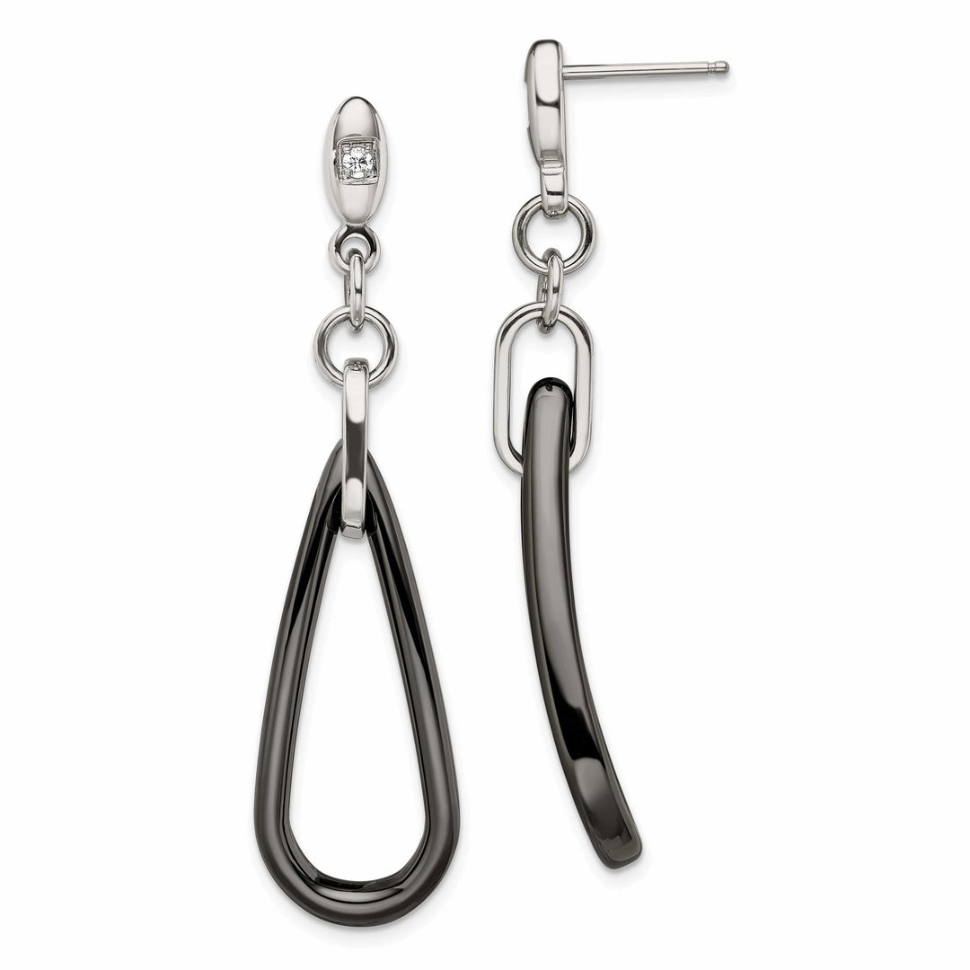 Chisel Earrings Stainless Black Ceramic CZ Dangle Post Earrings