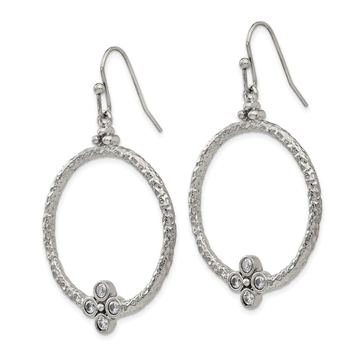 Chisel Earrings Stainless Steel Polish Textured CZ Hook Earrings