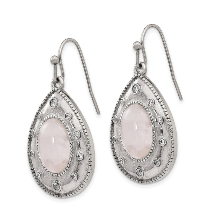 Chisel Earrings Stainless Steel Rose Quartz CZ Hook Earrings