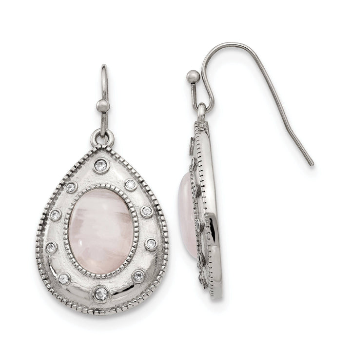 Chisel Earrings Stainless Steel Rose Quartz CZ Hook Earrings