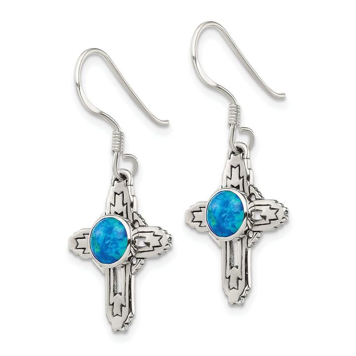 Lovely Rita's Earrings Sterling Silver Antiqued Created Opal Cross Dangle