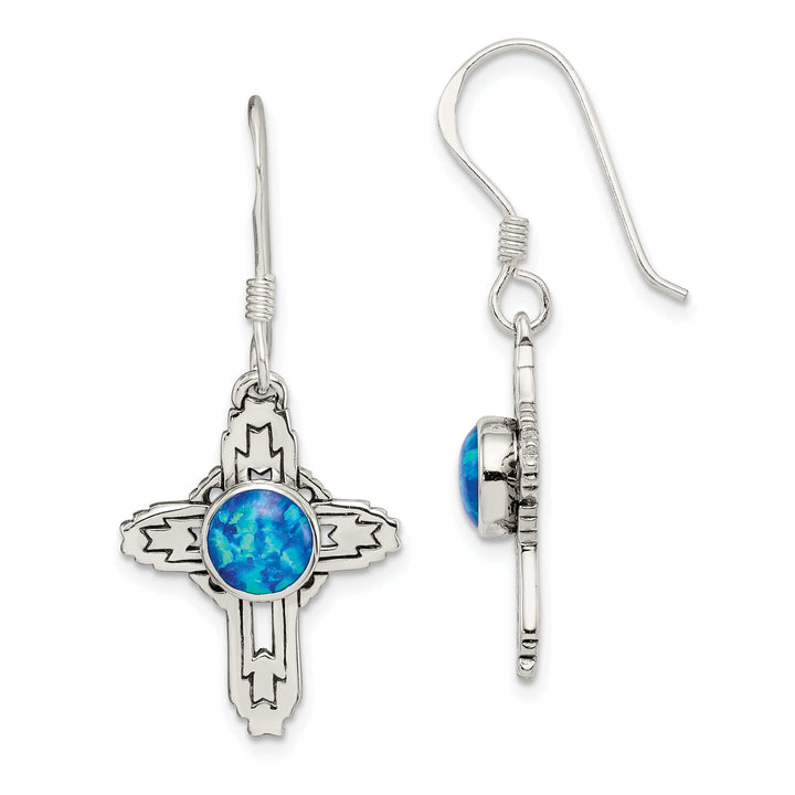 Lovely Rita's Earrings Sterling Silver Antiqued Created Opal Cross Dangle