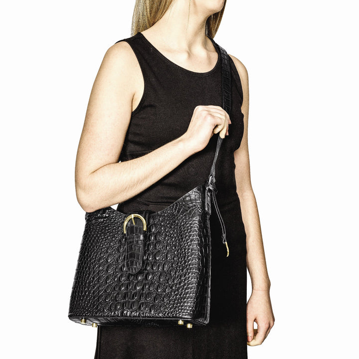Lovely Rita's Handbags, Totes & Wallets Leather Croc Texture Cotton Lining with Removable Center and Side Zip Compartment Two Slip and Pen Pockets Key Fob Metal Feet Black Zip Magnetic Buckle Strap Handbag