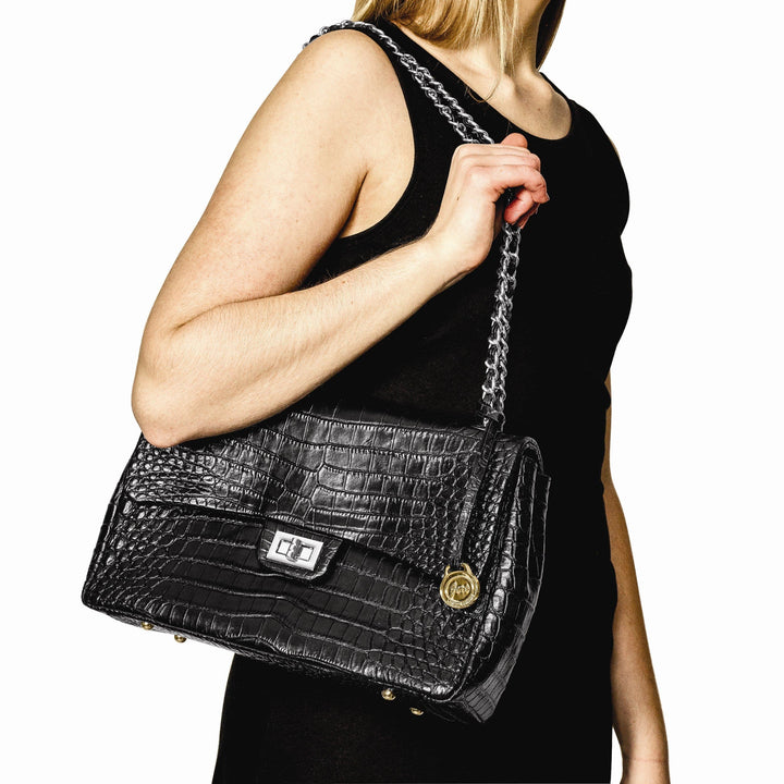 Lovely Rita's Handbags, Totes & Wallets Top Grain Leather Croc Texture Adjustable Chain Strap Swivel Clasp Cotton Lining with Zip Pocket Two Slip and Pen Pockets Key Fob Black Handbag