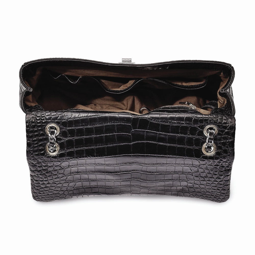 Lovely Rita's Handbags, Totes & Wallets Top Grain Leather Croc Texture Adjustable Chain Strap Swivel Clasp Cotton Lining with Zip Pocket Two Slip and Pen Pockets Key Fob Black Handbag