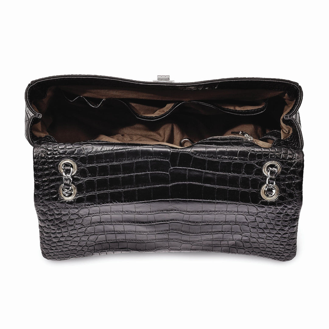 Lovely Rita's Handbags, Totes & Wallets Top Grain Leather Croc Texture Adjustable Chain Strap Swivel Clasp Cotton Lining with Zip Pocket Two Slip and Pen Pockets Key Fob Black Handbag