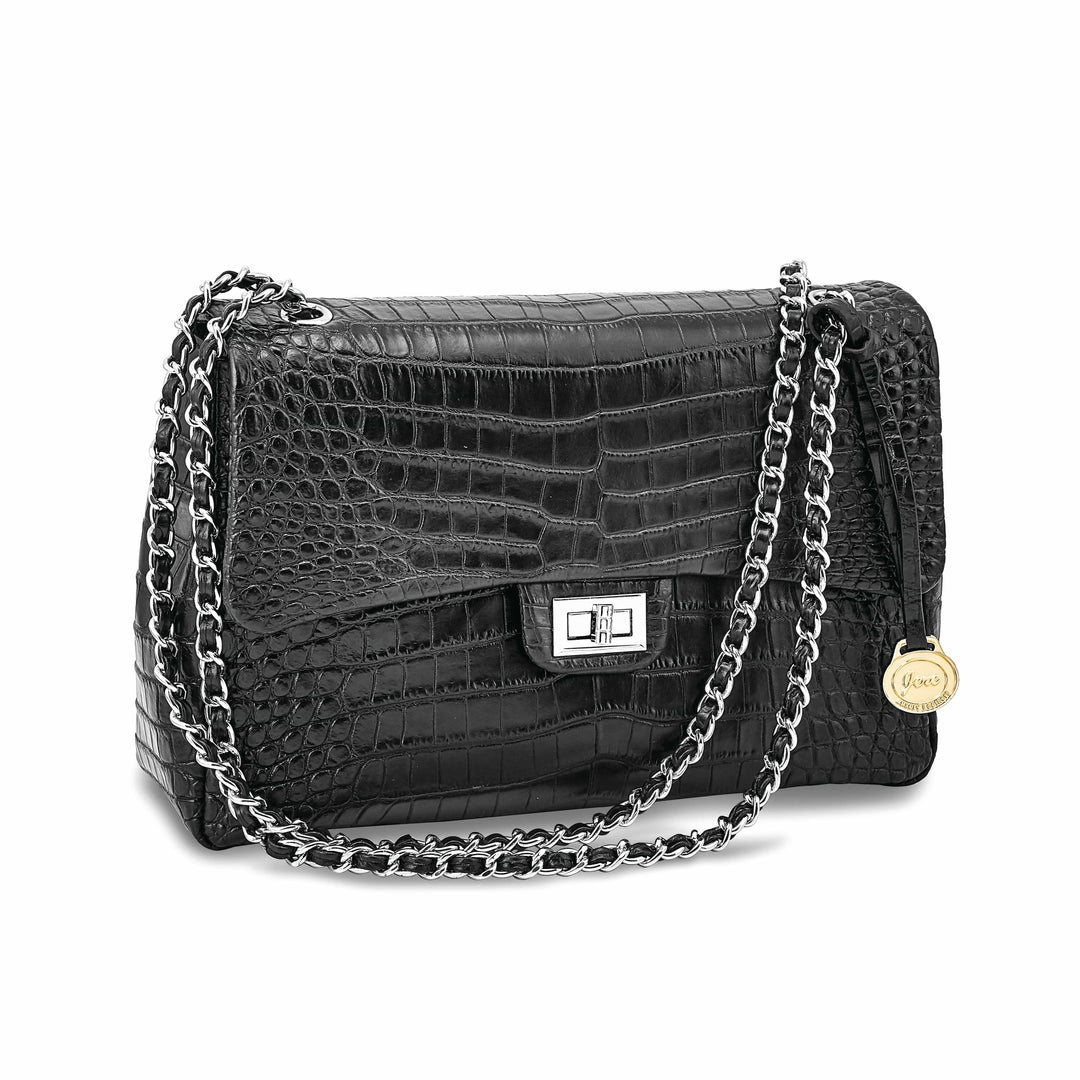 Lovely Rita's Handbags, Totes & Wallets Top Grain Leather Croc Texture Adjustable Chain Strap Swivel Clasp Cotton Lining with Zip Pocket Two Slip and Pen Pockets Key Fob Black Handbag