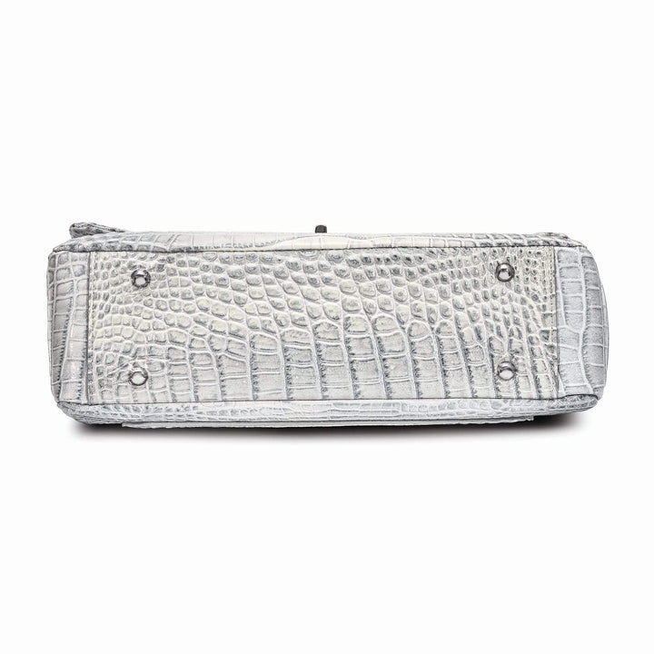 Lovely Rita's Handbags, Totes & Wallets Top Grain Leather Croc Texture Adjustable Chain Strap Swivel Clasp Cotton Lining with Zip Pocket Two Slip and Pen Pockets Key Fob Silver Chain Strap Handbag