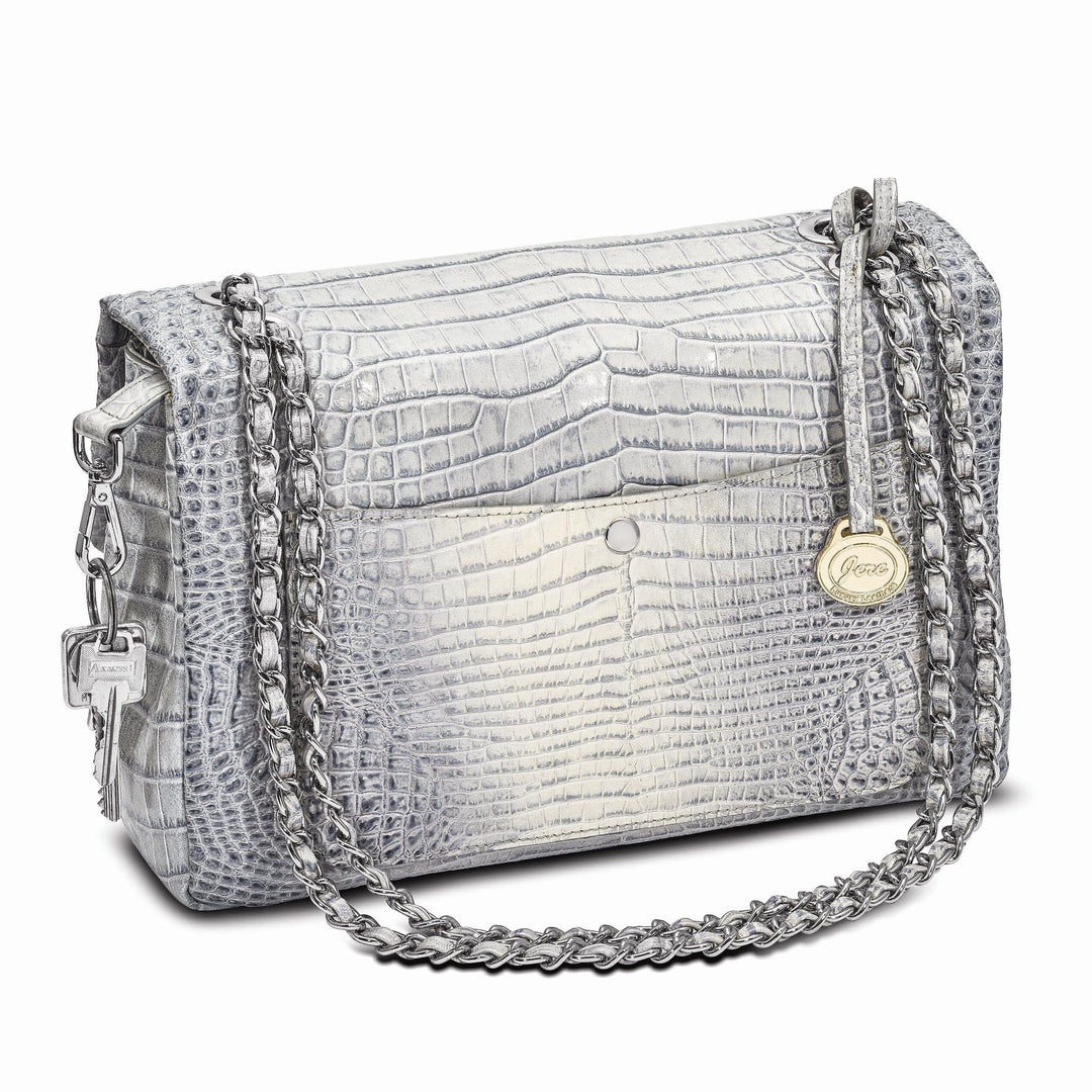 Lovely Rita's Handbags, Totes & Wallets Top Grain Leather Croc Texture Adjustable Chain Strap Swivel Clasp Cotton Lining with Zip Pocket Two Slip and Pen Pockets Key Fob Silver Chain Strap Handbag