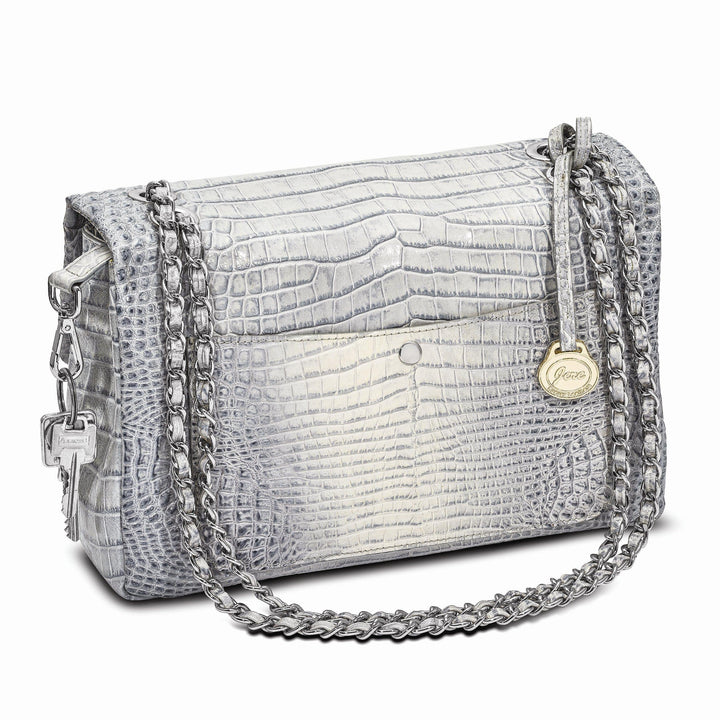 Lovely Rita's Handbags, Totes & Wallets Top Grain Leather Croc Texture Adjustable Chain Strap Swivel Clasp Cotton Lining with Zip Pocket Two Slip and Pen Pockets Key Fob Silver Chain Strap Handbag