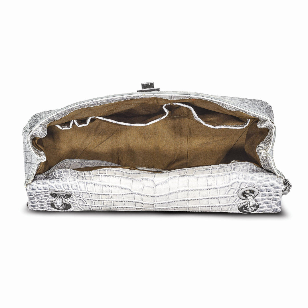 Lovely Rita's Handbags, Totes & Wallets Top Grain Leather Croc Texture Adjustable Chain Strap Swivel Clasp Cotton Lining with Zip Pocket Two Slip and Pen Pockets Key Fob Silver Chain Strap Handbag