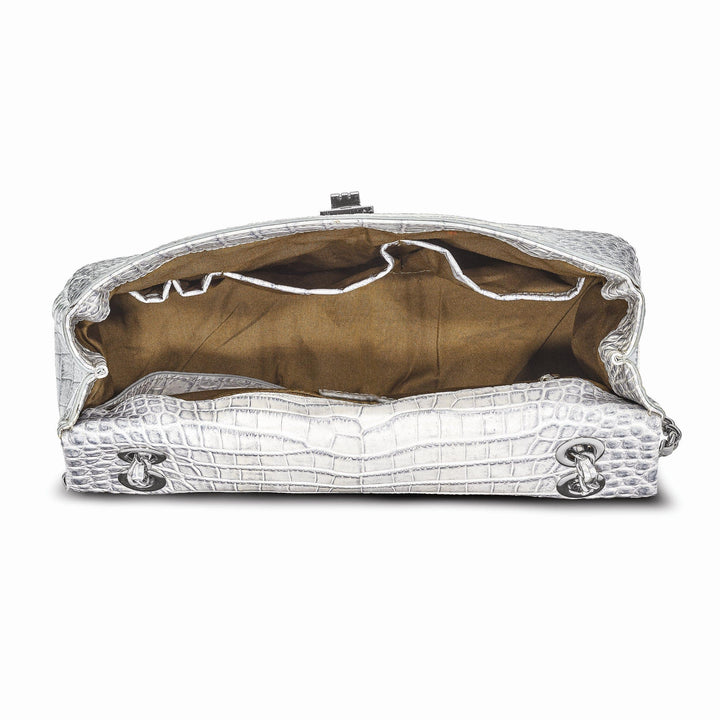 Lovely Rita's Handbags, Totes & Wallets Top Grain Leather Croc Texture Adjustable Chain Strap Swivel Clasp Cotton Lining with Zip Pocket Two Slip and Pen Pockets Key Fob Silver Chain Strap Handbag