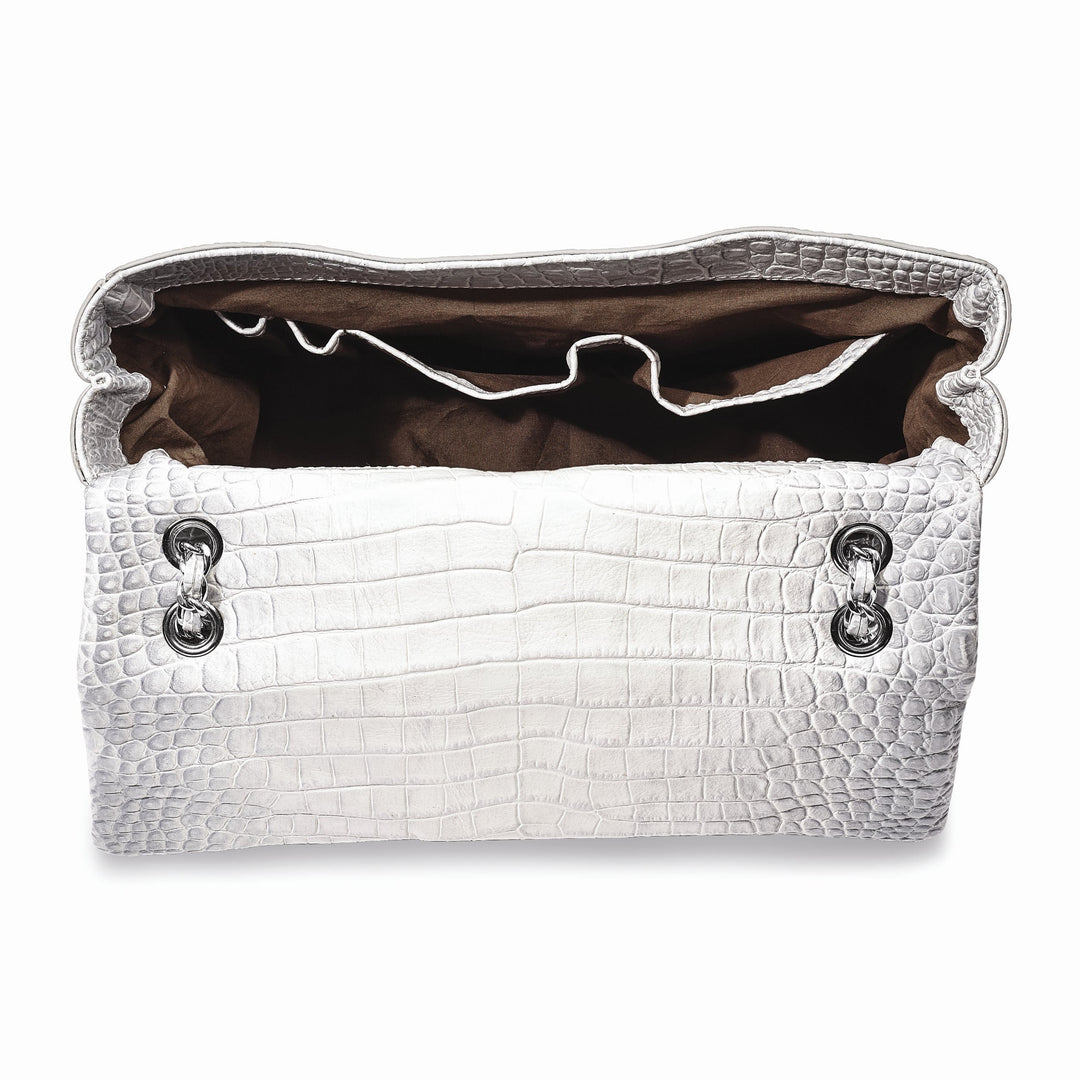 Lovely Rita's Handbags, Totes & Wallets Top Grain Leather Croc Texture Adjustable Chain Strap Swivel Clasp Cotton Lining with Zip Pocket Two Slip and Pen Pockets Key Fob Silver Chain Strap Handbag