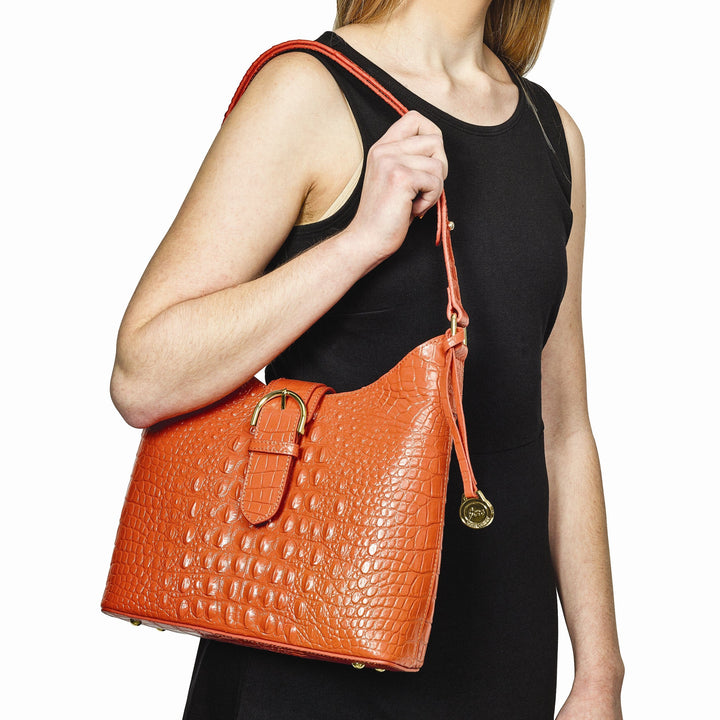 Lovely Rita's Handbags, Totes & Wallets Top Grain Leather Croc Texture Cotton Lining with Removable Center and Side Zip Compartment Two Slip and Pen Pockets Key Fob Metal Feet Marigold Zip top with Magentic Buckle Strap Handbag