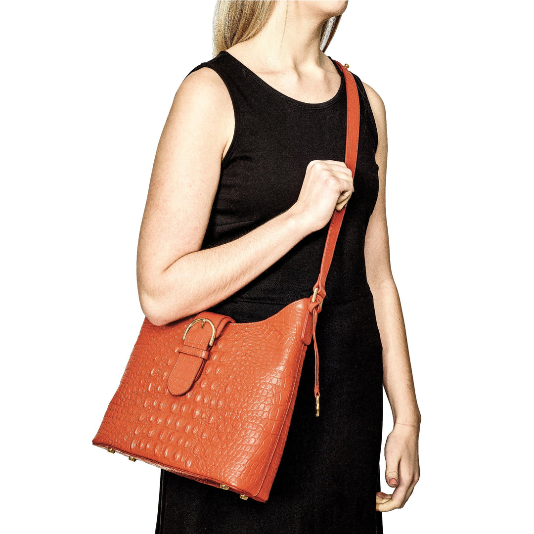 Lovely Rita's Handbags, Totes & Wallets Top Grain Leather Croc Texture Cotton Lining with Removable Center and Side Zip Compartment Two Slip and Pen Pockets Key Fob Metal Feet Marigold Zip top with Magentic Buckle Strap Handbag