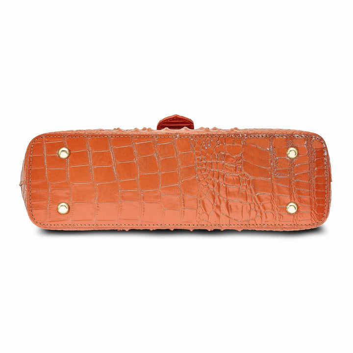 Lovely Rita's Handbags, Totes & Wallets Top Grain Leather Croc Texture Cotton Lining with Removable Center and Side Zip Compartment Two Slip and Pen Pockets Key Fob Metal Feet Marigold Zip top with Magentic Buckle Strap Handbag