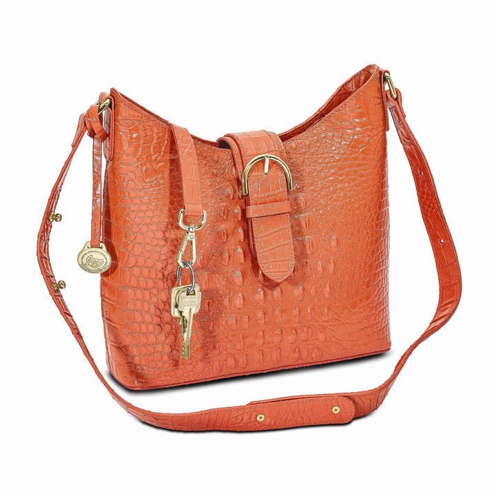 Lovely Rita's Handbags, Totes & Wallets Top Grain Leather Croc Texture Cotton Lining with Removable Center and Side Zip Compartment Two Slip and Pen Pockets Key Fob Metal Feet Marigold Zip top with Magentic Buckle Strap Handbag