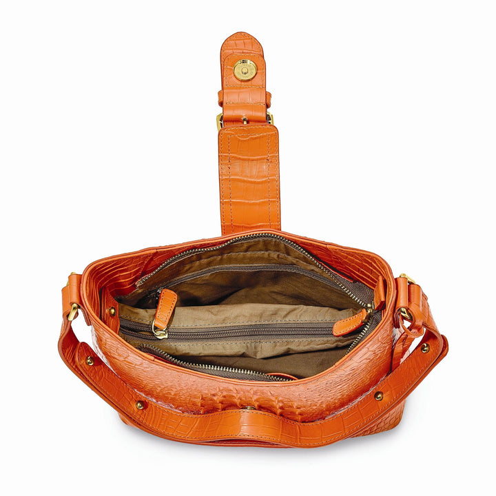 Lovely Rita's Handbags, Totes & Wallets Top Grain Leather Croc Texture Cotton Lining with Removable Center and Side Zip Compartment Two Slip and Pen Pockets Key Fob Metal Feet Marigold Zip top with Magentic Buckle Strap Handbag