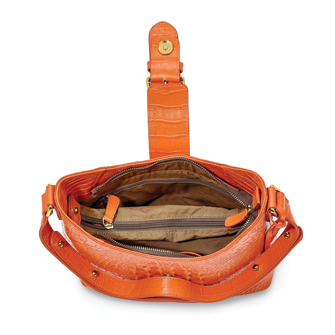 Lovely Rita's Handbags, Totes & Wallets Top Grain Leather Croc Texture Cotton Lining with Removable Center and Side Zip Compartment Two Slip and Pen Pockets Key Fob Metal Feet Marigold Zip top with Magentic Buckle Strap Handbag