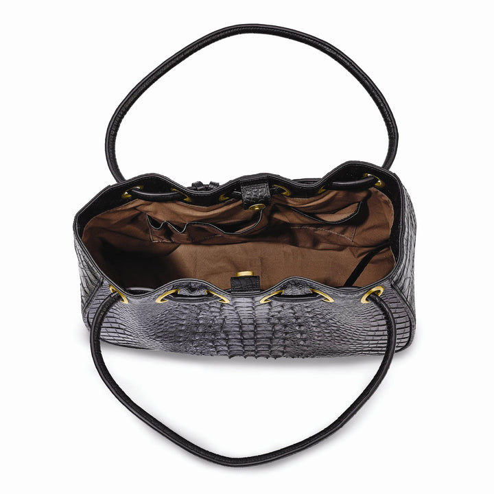 Lovely Rita's Handbags, Totes & Wallets Top Grain Leather Croc Texture Magnetic Clasp Cotton Lining with Zip, Two Slip and Pen Pockets Key Fob 8 inch Strap Drop Metal Feed Black Drawstring Handbag