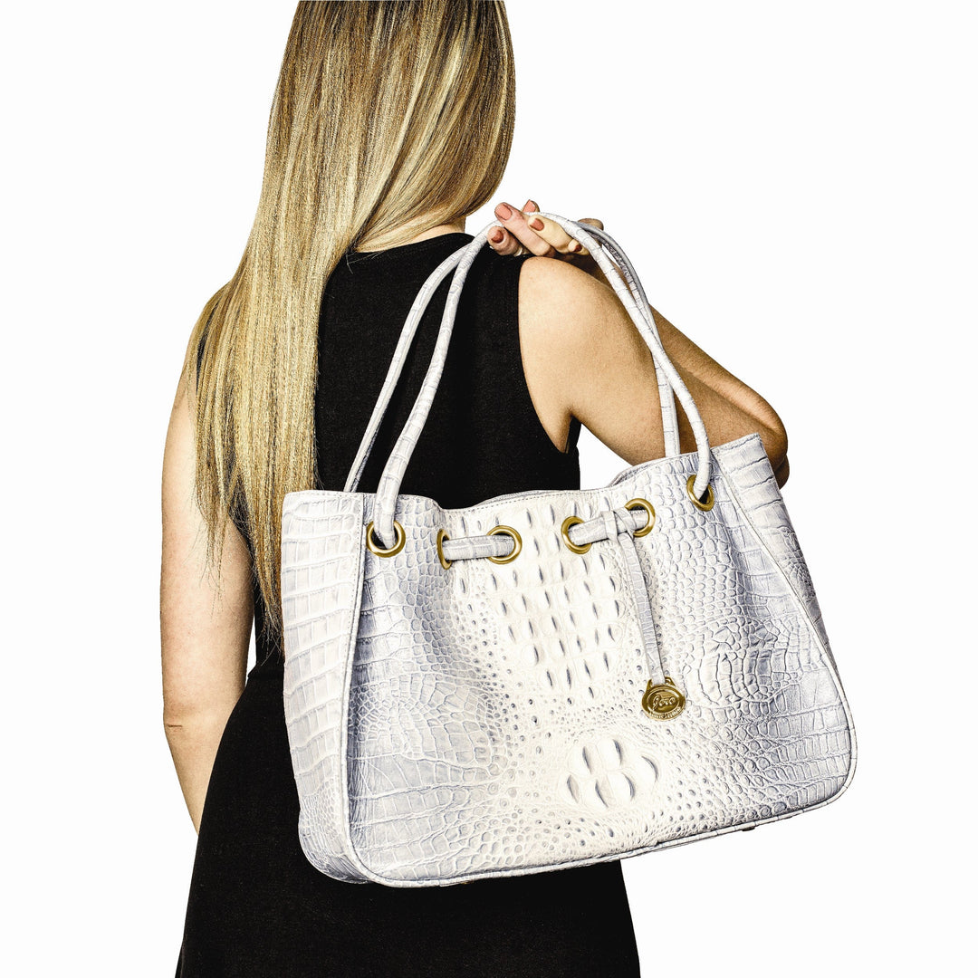 Lovely Rita's Handbags, Totes & Wallets Top Grain Leather Croc Texture Magnetic Clasp Cotton Lining with Zip, Two Slip and Pen Pockets Key Fob 8 inch Strap Drop Metal Feed Silver Drawstring Handbag