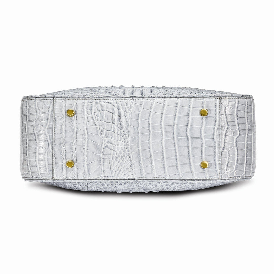 Lovely Rita's Handbags, Totes & Wallets Top Grain Leather Croc Texture Magnetic Clasp Cotton Lining with Zip, Two Slip and Pen Pockets Key Fob 8 inch Strap Drop Metal Feed Silver Drawstring Handbag