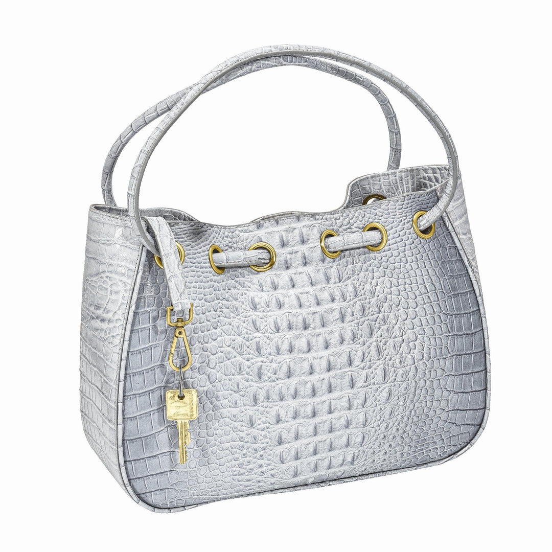 Lovely Rita's Handbags, Totes & Wallets Top Grain Leather Croc Texture Magnetic Clasp Cotton Lining with Zip, Two Slip and Pen Pockets Key Fob 8 inch Strap Drop Metal Feed Silver Drawstring Handbag