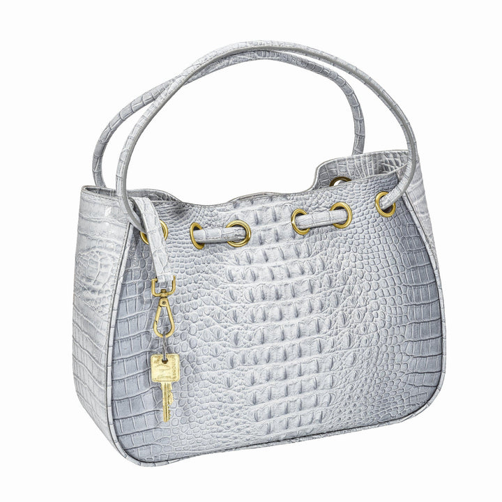 Lovely Rita's Handbags, Totes & Wallets Top Grain Leather Croc Texture Magnetic Clasp Cotton Lining with Zip, Two Slip and Pen Pockets Key Fob 8 inch Strap Drop Metal Feed Silver Drawstring Handbag