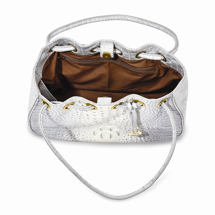 Lovely Rita's Handbags, Totes & Wallets Top Grain Leather Croc Texture Magnetic Clasp Cotton Lining with Zip, Two Slip and Pen Pockets Key Fob 8 inch Strap Drop Metal Feed Silver Drawstring Handbag