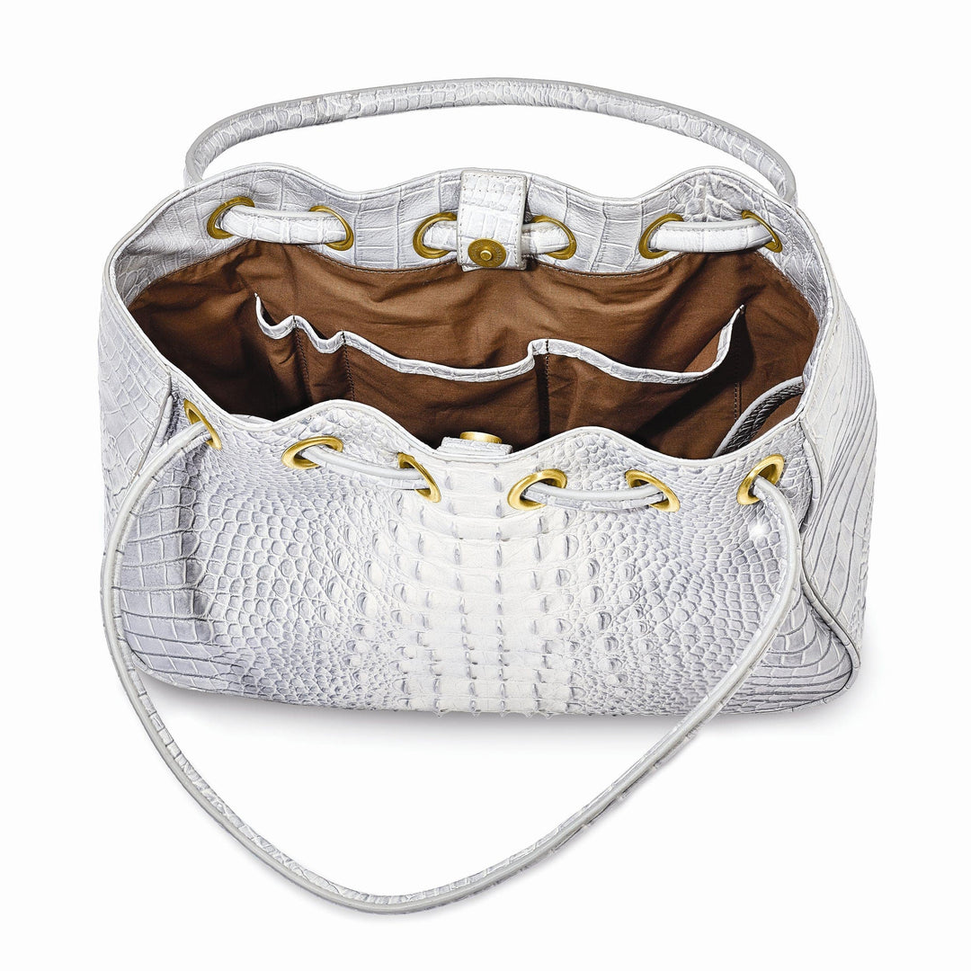 Lovely Rita's Handbags, Totes & Wallets Top Grain Leather Croc Texture Magnetic Clasp Cotton Lining with Zip, Two Slip and Pen Pockets Key Fob 8 inch Strap Drop Metal Feed Silver Drawstring Handbag