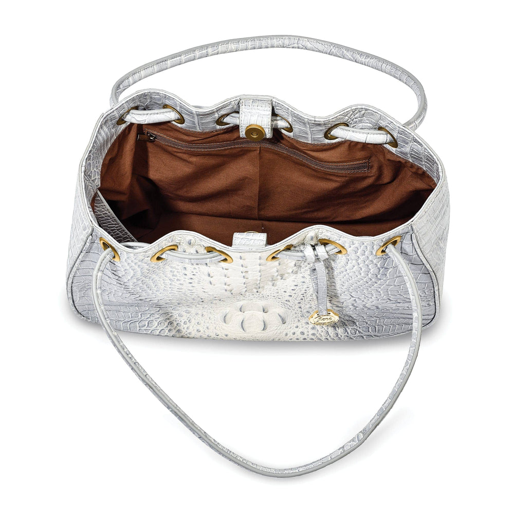 Lovely Rita's Handbags, Totes & Wallets Top Grain Leather Croc Texture Magnetic Clasp Cotton Lining with Zip, Two Slip and Pen Pockets Key Fob 8 inch Strap Drop Metal Feed Silver Drawstring Handbag