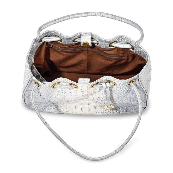 Lovely Rita's Handbags, Totes & Wallets Top Grain Leather Croc Texture Magnetic Clasp Cotton Lining with Zip, Two Slip and Pen Pockets Key Fob 8 inch Strap Drop Metal Feed Silver Drawstring Handbag