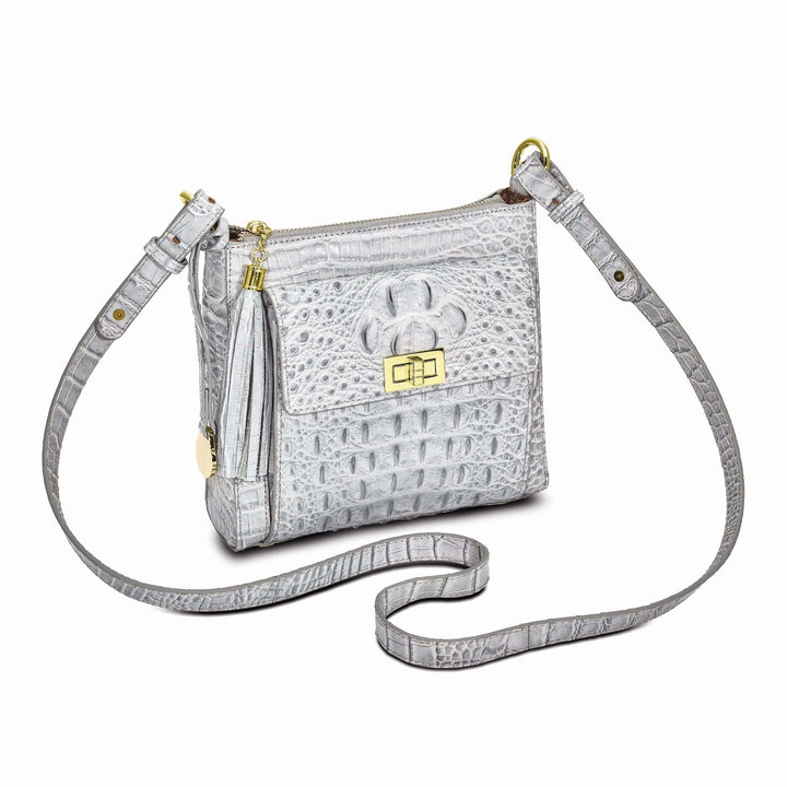 Lovely Rita's Handbags, Totes & Wallets Top Grain Leather Croc Texture Silver Organizer Crossbody Bag