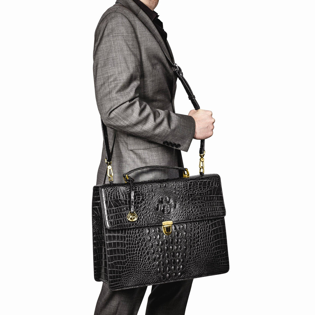 Lovely Rita's Handbags, Totes & Wallets Top Grain Leather Croc Texture Top Handle Black Briefcase Bag