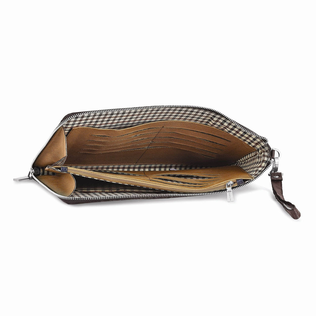 Lovely Rita's Handbags, Totes & Wallets Top Grain Leather Croc Texture Zips Around One Side and Top Cotton and Leather Gusseted Lining with Center Zip Compartment Divider 20 Card Slot Detachable 7 inch Wrist Strap Dark Brown Portfolio